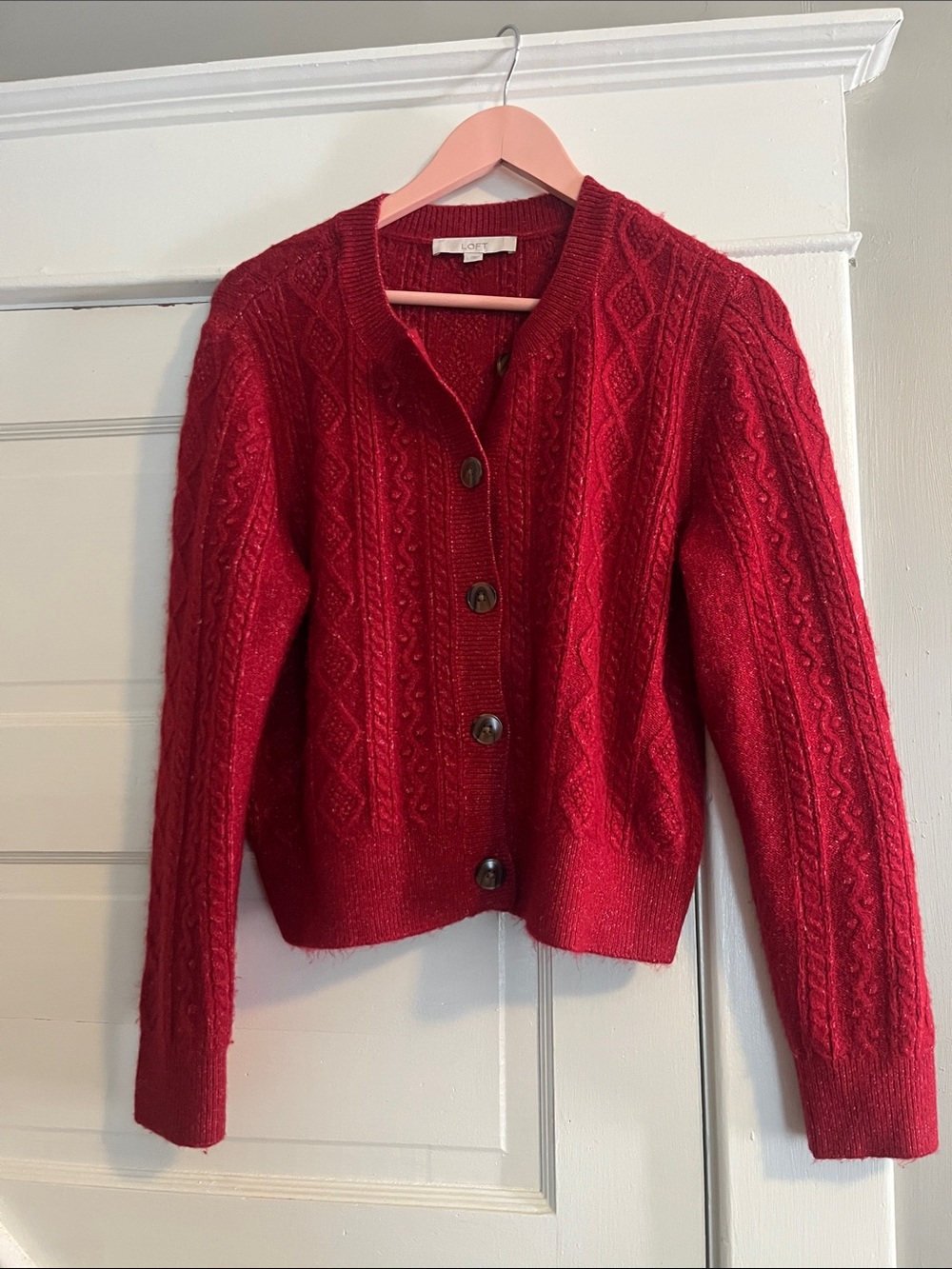 LOFT Red Cable-Knit Button Cardigan